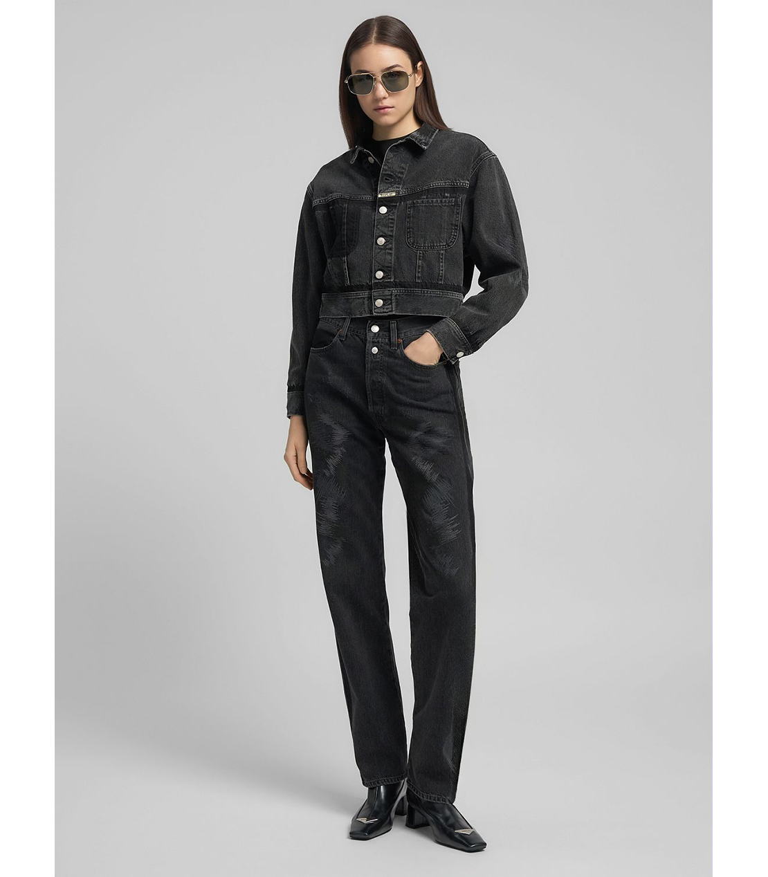 ９ZERO1ランダムステッチリサイクルコットンブラックデニム（セットアップ）